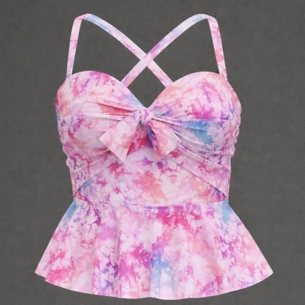 Torrid Underwire Push-Up Peplum Tankini Swim Top Sz 1X D/DD Tie-Dye Pinks blues